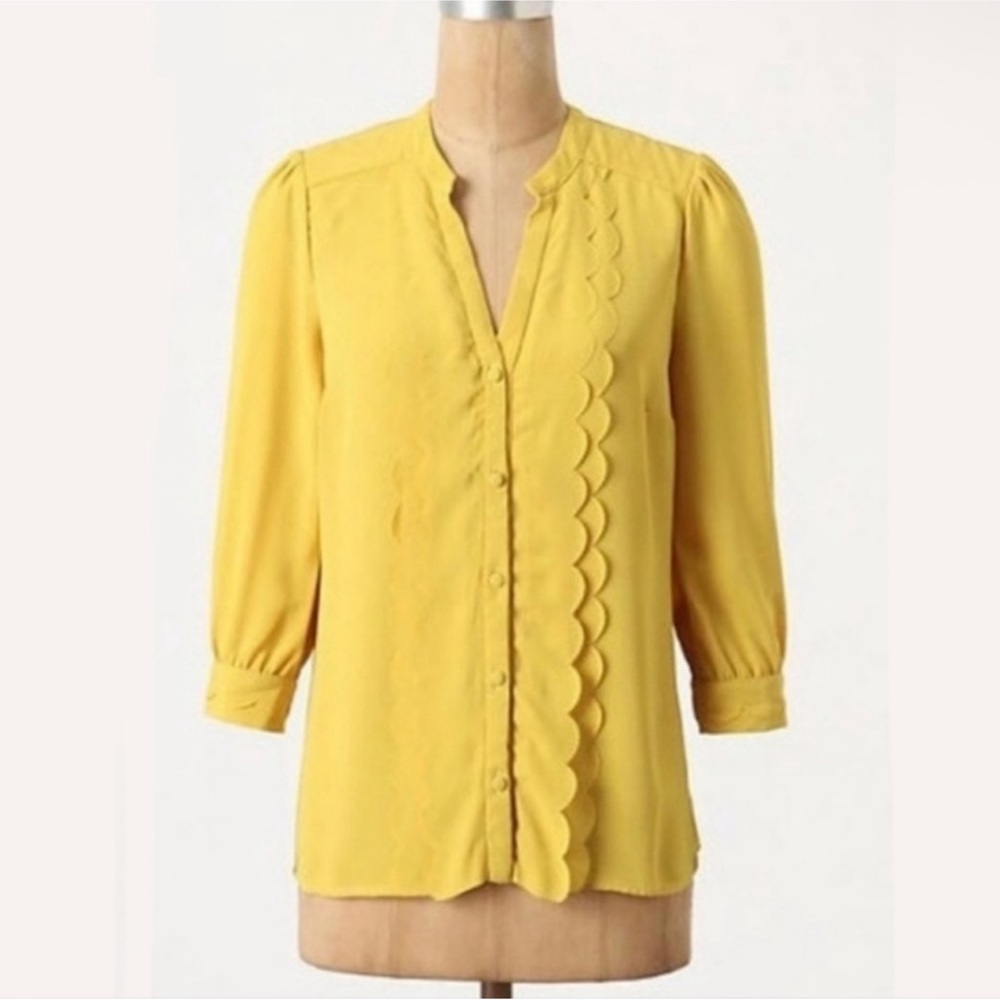 Anthropologie Meadow Rue Yellow Scalloped Blouse - Picture 7 of 9